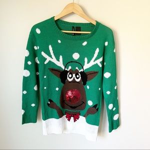 New Directions Rudolph Snowflake Knit Tunic Ugly Christmas Sweater Green S